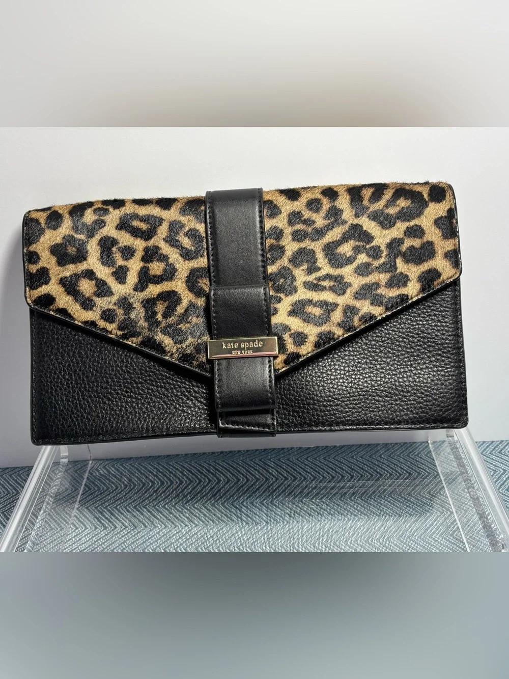 Kate Spade Black & Leopard Print Leather Envelope Clutch